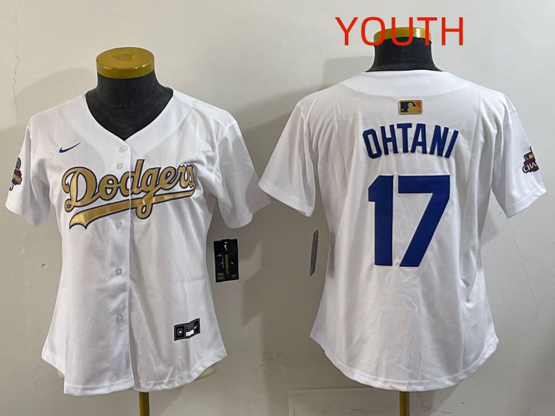 Youth Los Angeles Dodgers 17 Ohtani White Champion edition Nike MLB Jersey style 007